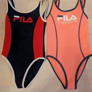 FILA Girl's One Piece Swimsuit, Set Of 2 - Orange and Black, 6-7 Years